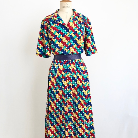 Vintage bright 1980’s shirt dress colorful summer - Picture 3 of 5